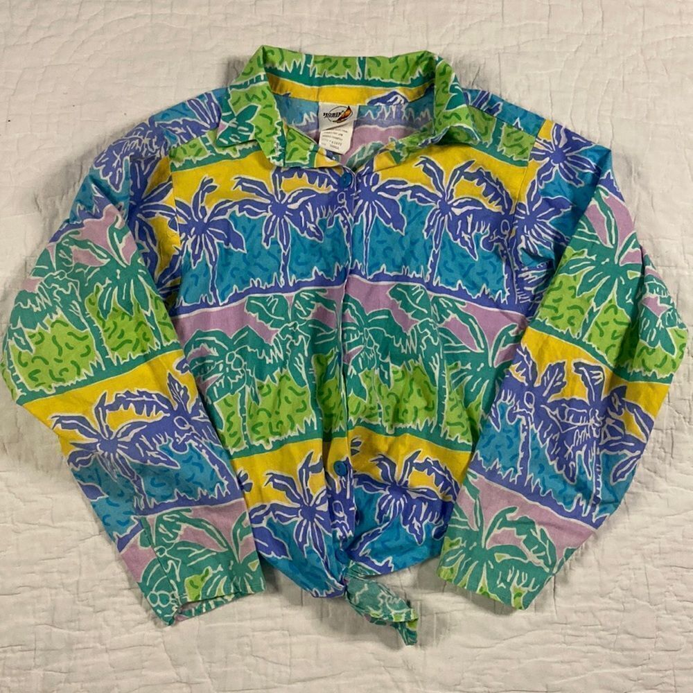 Vintage Hobie Juniors Palm Tree Cropped Button Up Tie Front Shirt size Small